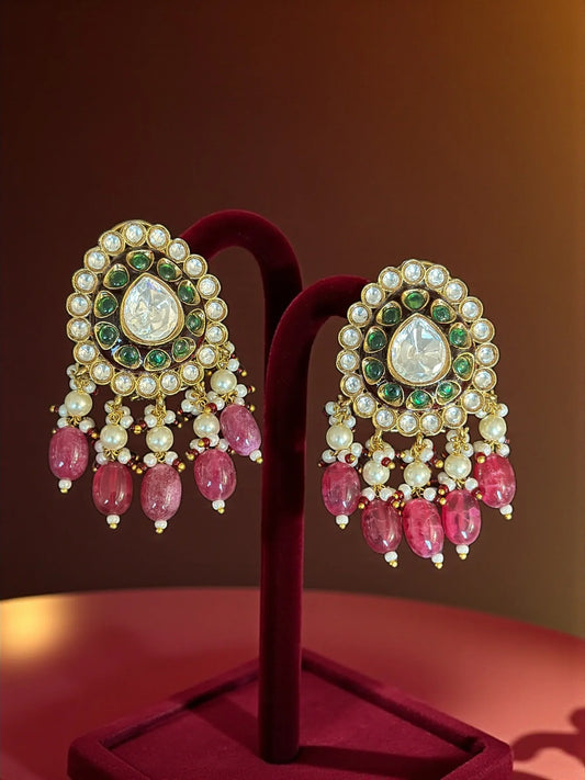 Gold Chandelier Earrings – Emerald Halo & Pearl Fringe