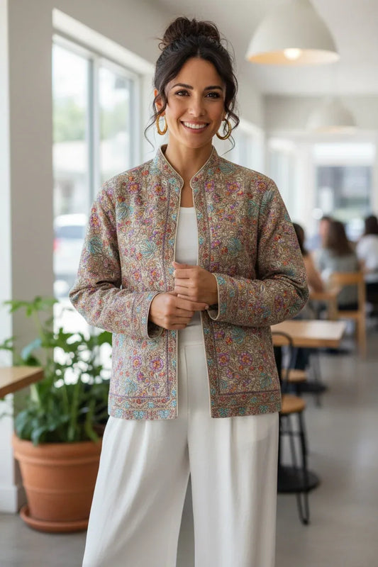Handwoven Pashmina Embroidered Woolen Jacket | Luxury Winter Ethnic Jacket for Women - BeautySutra by Shikha