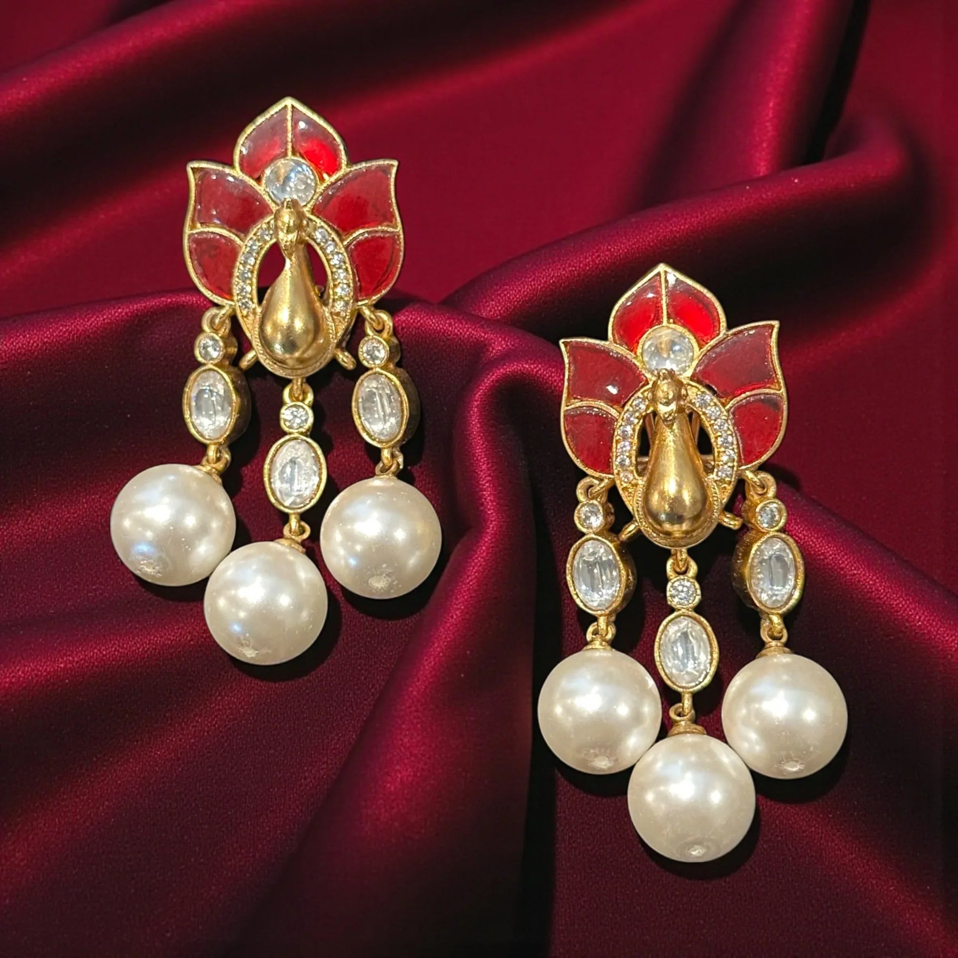 Red Lotus Pearl Dangle Earrings – Holiday Glam Jewelry | Black Friday Deal - BeautySutra by Shikha