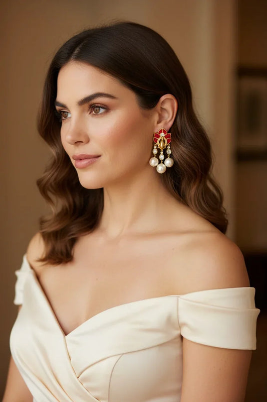 Red Lotus Pearl Dangle Earrings – Holiday Glam Jewelry | Black Friday Deal