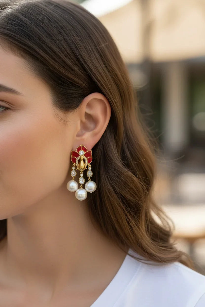 Red Lotus Pearl Dangle Earrings – Holiday Glam Jewelry | Black Friday Deal - BeautySutra by Shikha