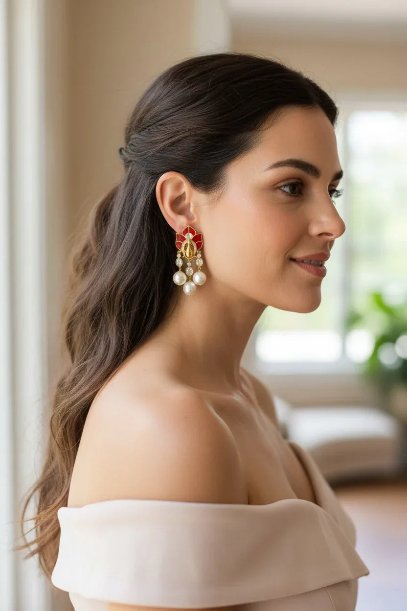 Red Lotus Pearl Dangle Earrings – Holiday Glam Jewelry | Black Friday Deal - BeautySutra by Shikha