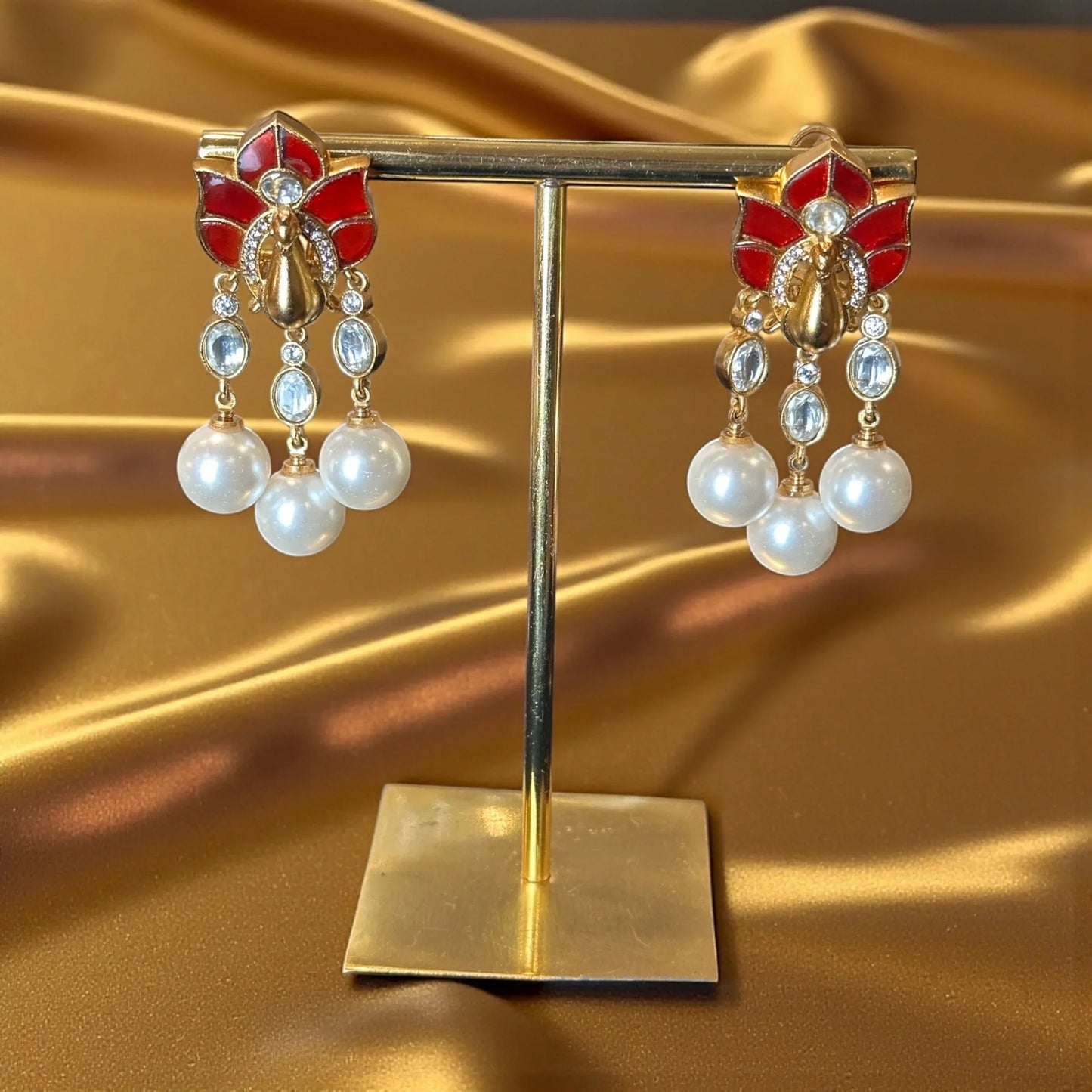 Red Lotus Pearl Dangle Earrings – Holiday Glam Jewelry | Black Friday Deal - BeautySutra by Shikha