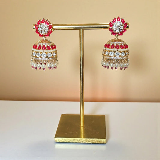 Red & Gold Crystal Jhumka Earrings with Pearls – Holiday Festive Jewelry