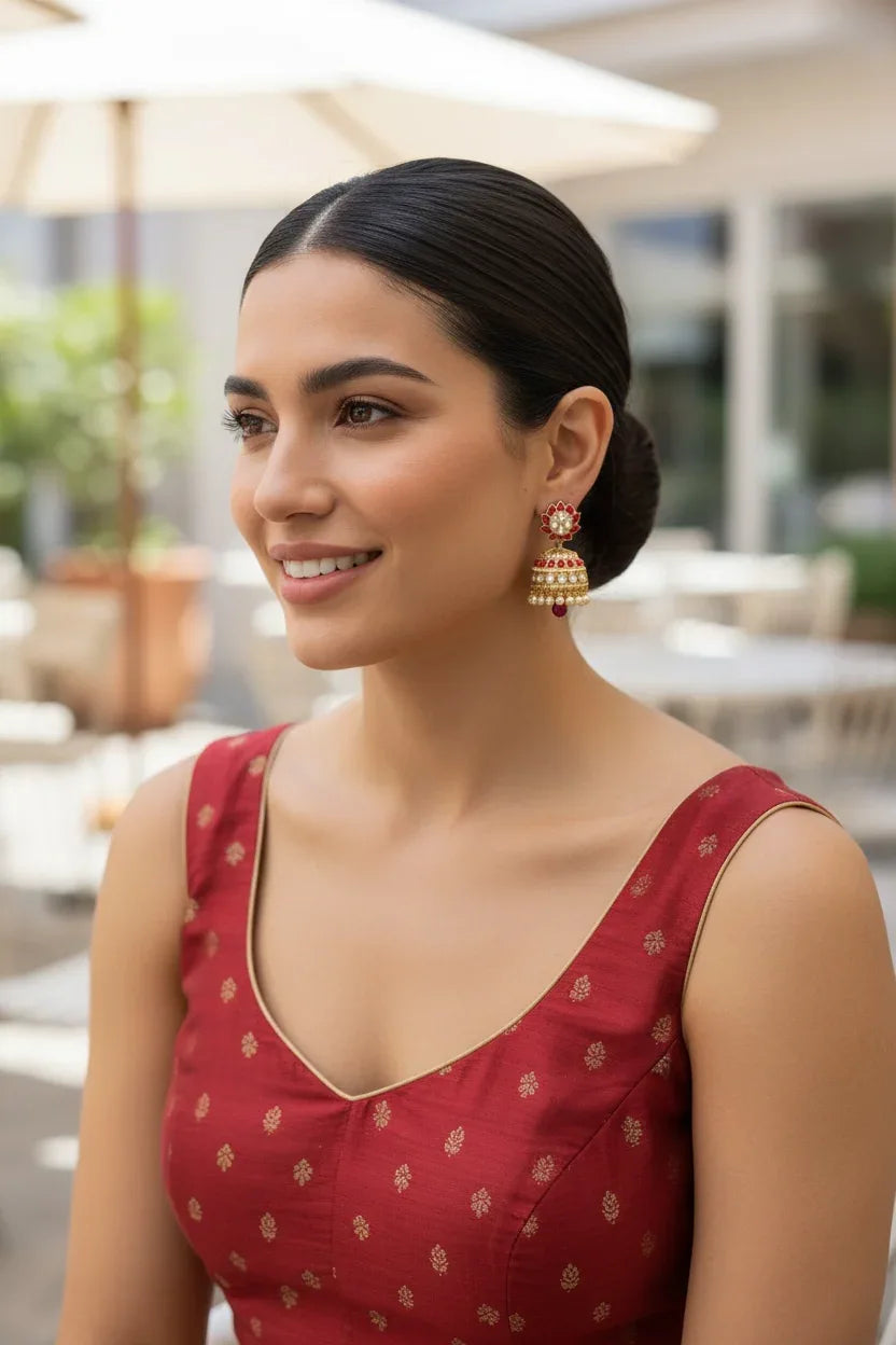 Red & Gold Crystal Jhumka Earrings with Pearls – Holiday Festive Jewelry - BeautySutra by Shikha