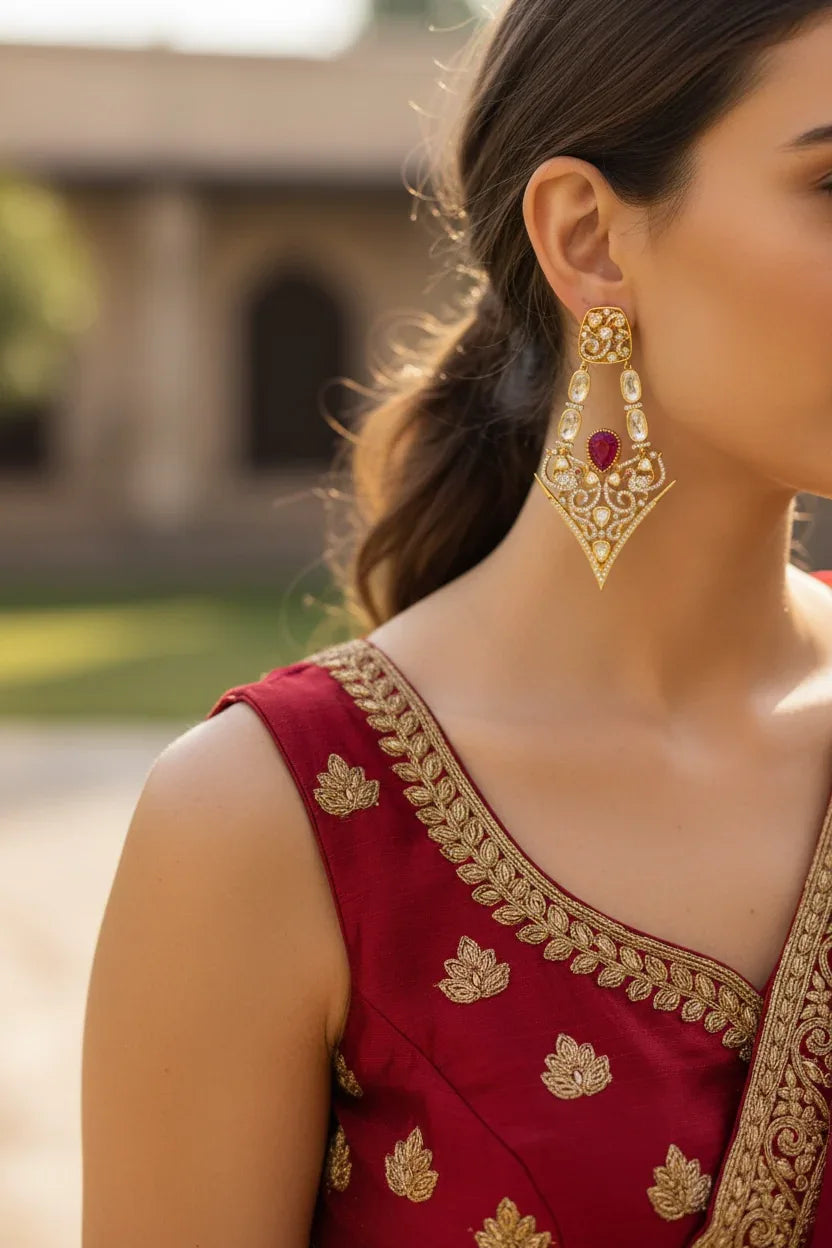 Ruby Drop Earrings in Gold – Diamond-Studded Holiday Statement - BeautySutra by Shikha