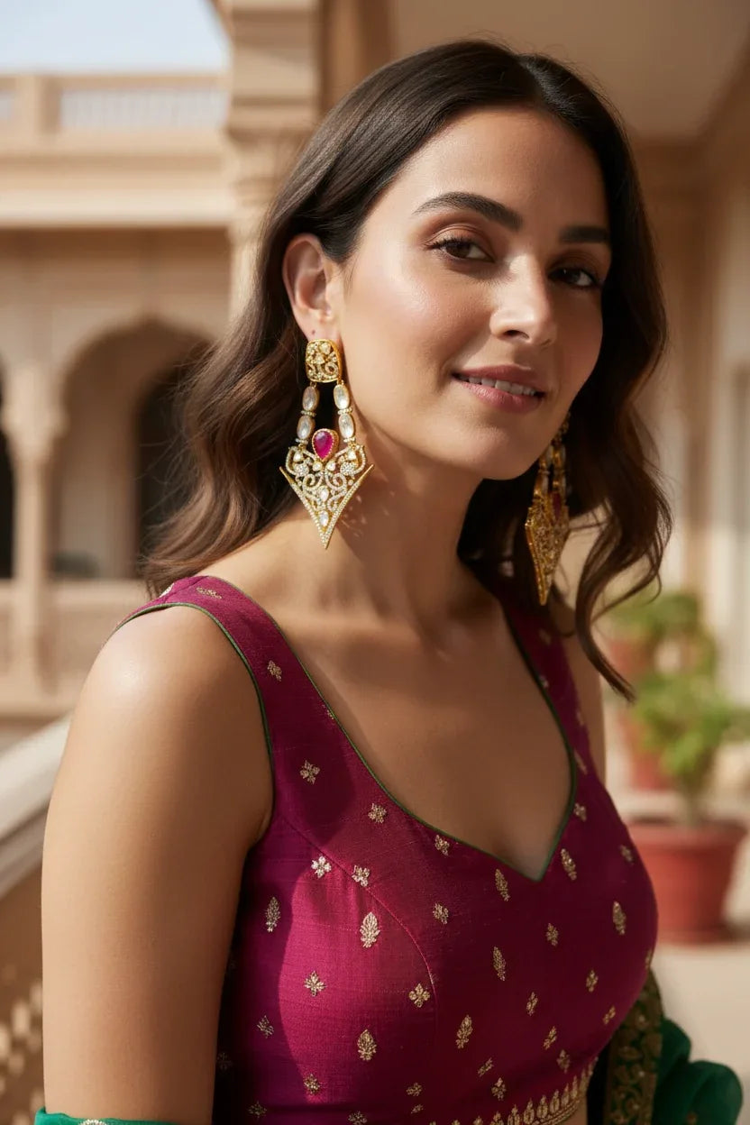 Ruby Drop Earrings in Gold – Diamond-Studded Holiday Statement - BeautySutra by Shikha
