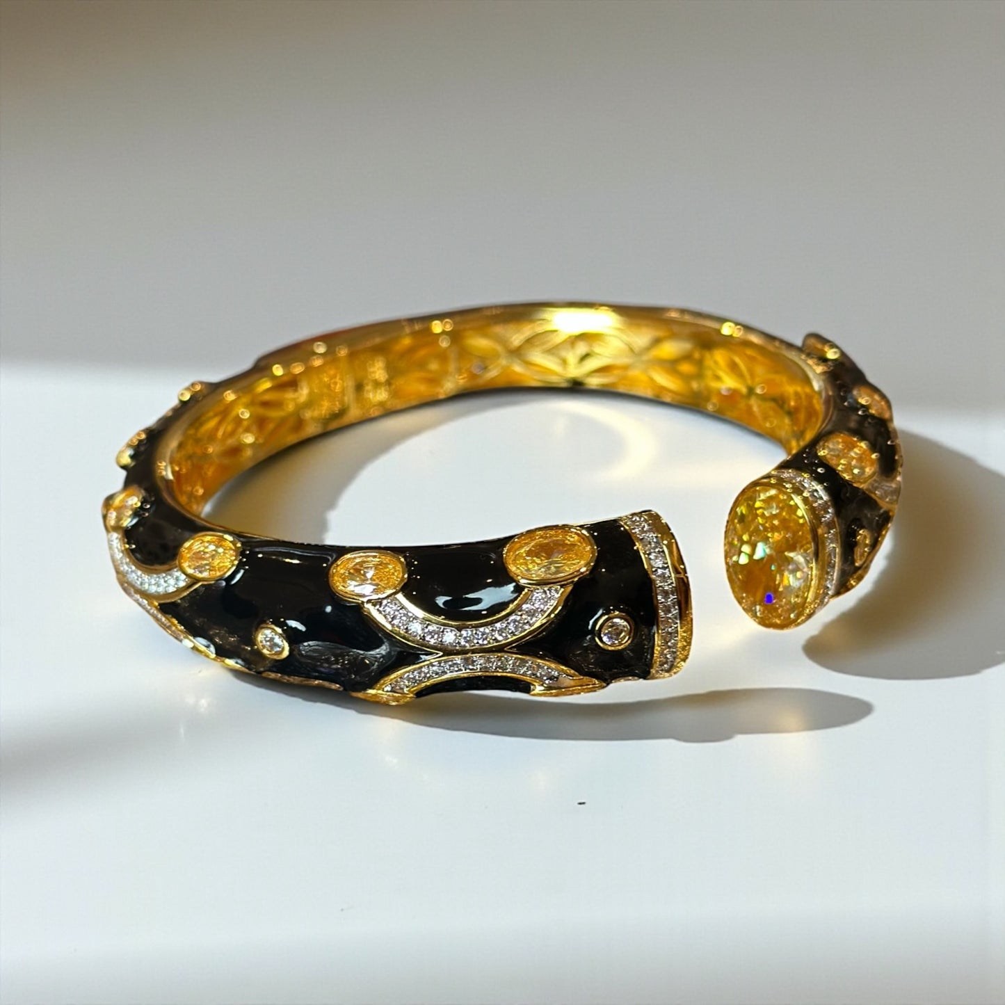 Black Enamel Gold Bangle – Diamond Accents Luxury Holiday Bracelet