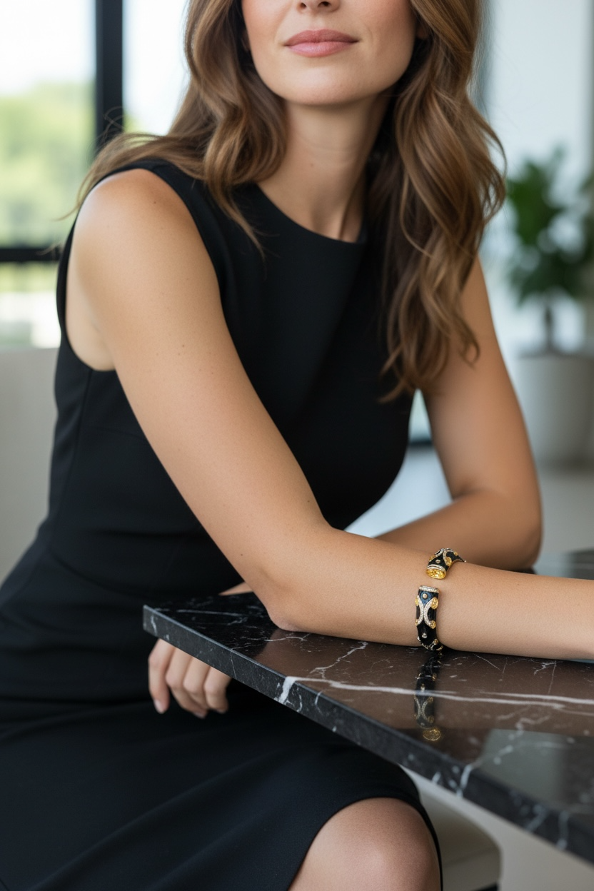 Black Enamel Gold Bangle – Diamond Accents Luxury Holiday Bracelet