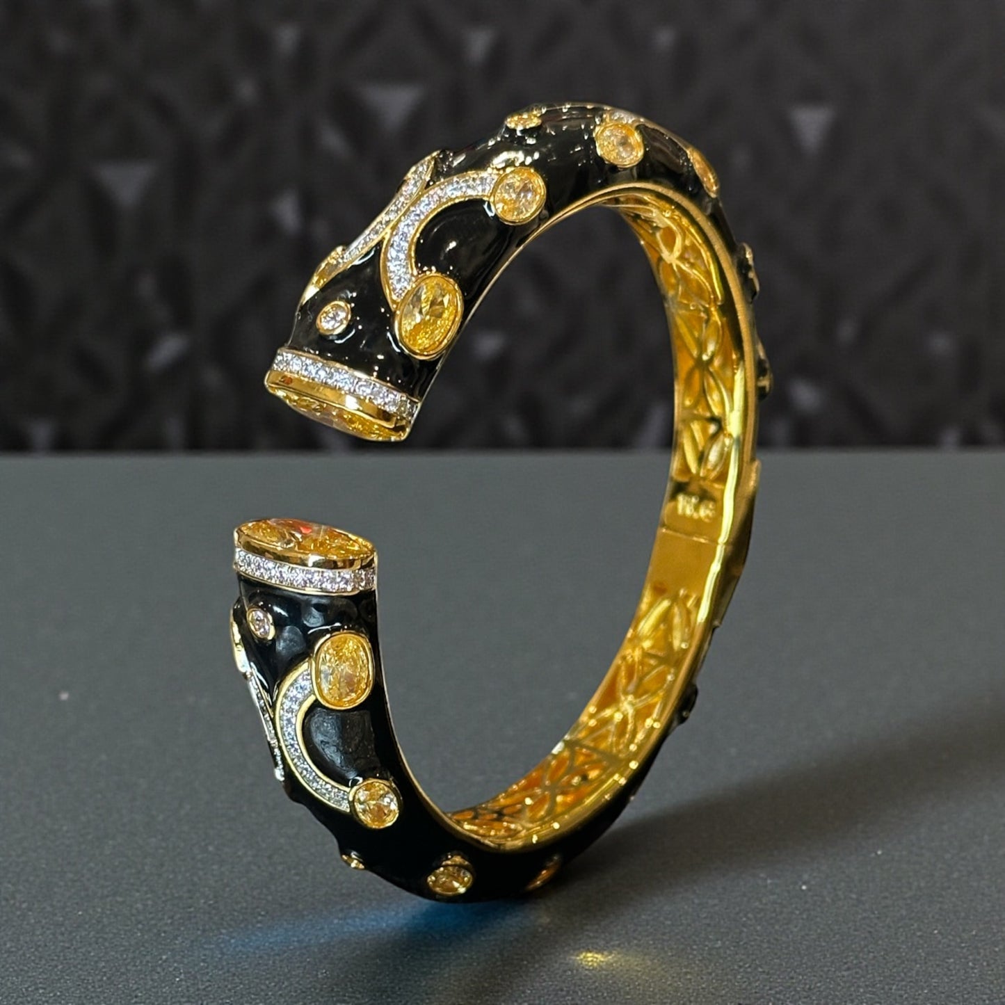 Black Enamel Gold Bangle – Diamond Accents Luxury Holiday Bracelet