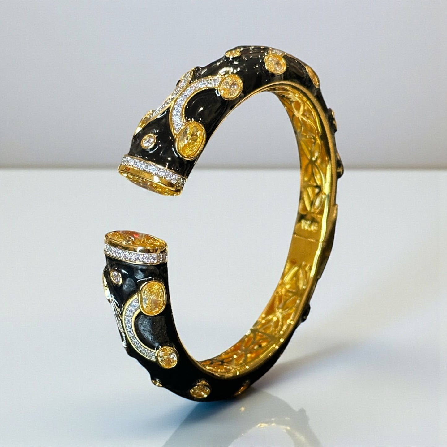 Black Enamel Gold Bangle – Diamond Accents Luxury Holiday Bracelet
