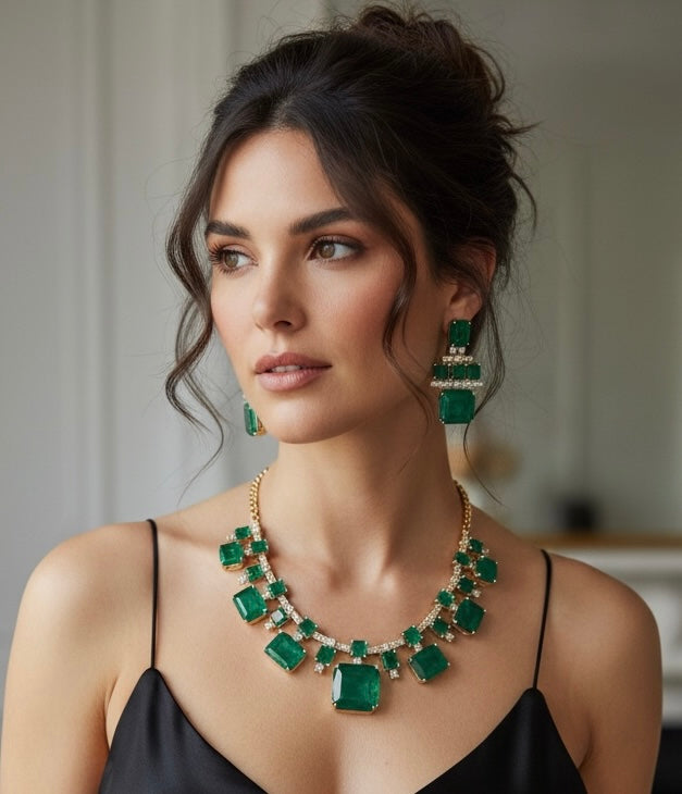 Emerald & Diamond Necklace Set – Luxury Gold Holiday Statement Jewelry