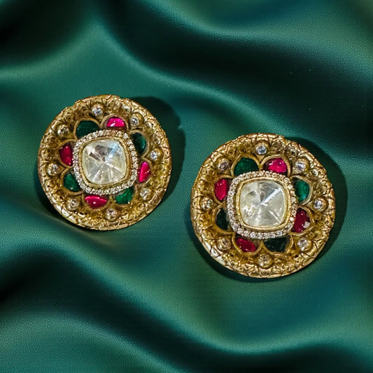 Gold Vintage Halo Statement Studs – Red & Green Holiday Earrings