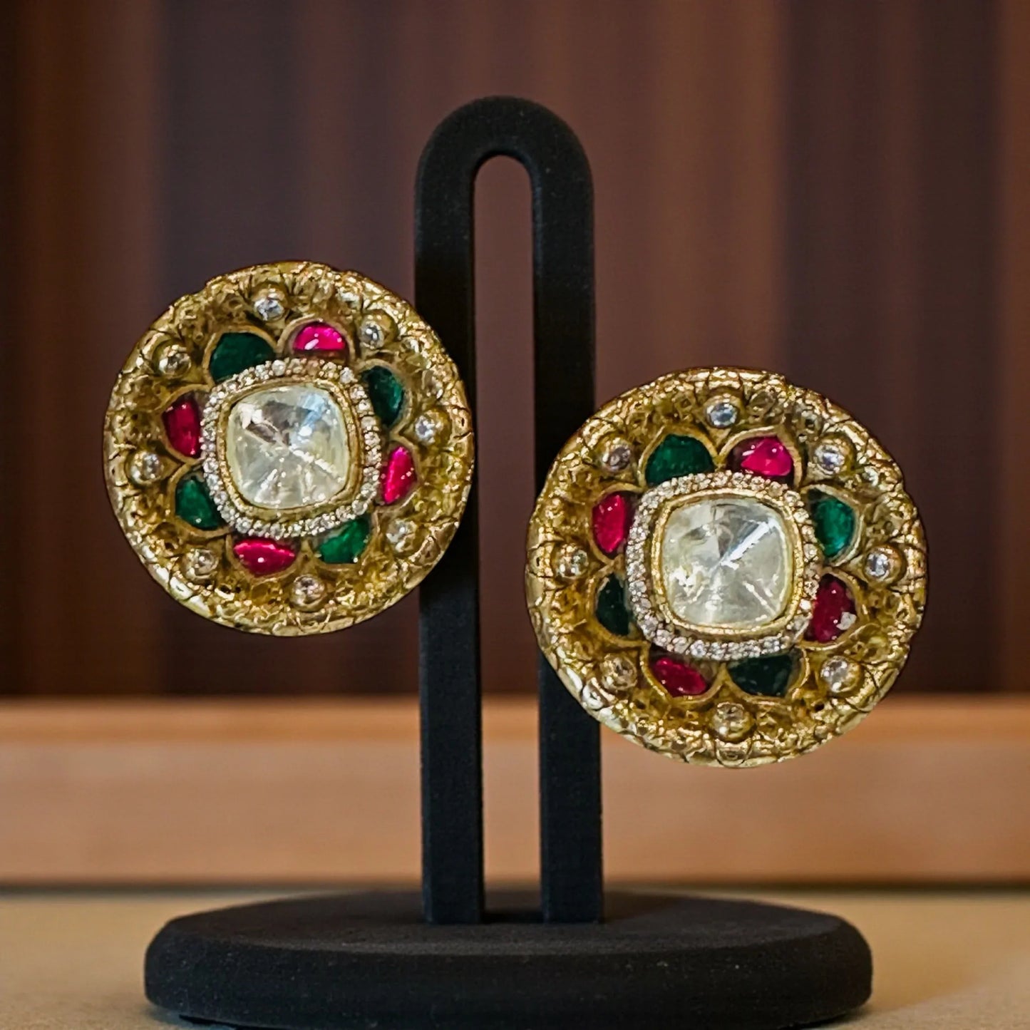 Gold Vintage Halo Statement Studs – Red & Green Holiday Earrings - BeautySutra by Shikha