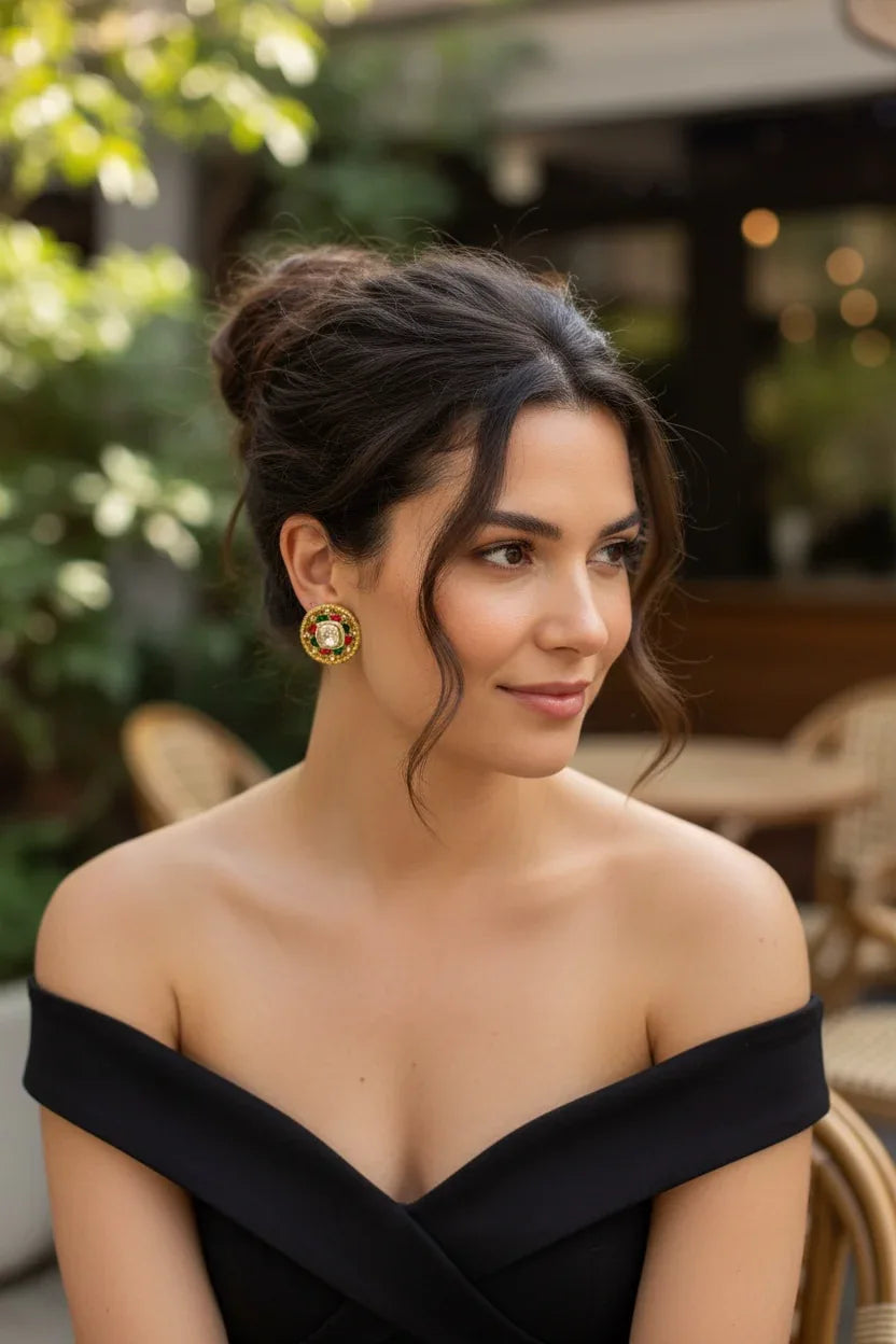 Gold Vintage Halo Statement Studs – Red & Green Holiday Earrings - BeautySutra by Shikha