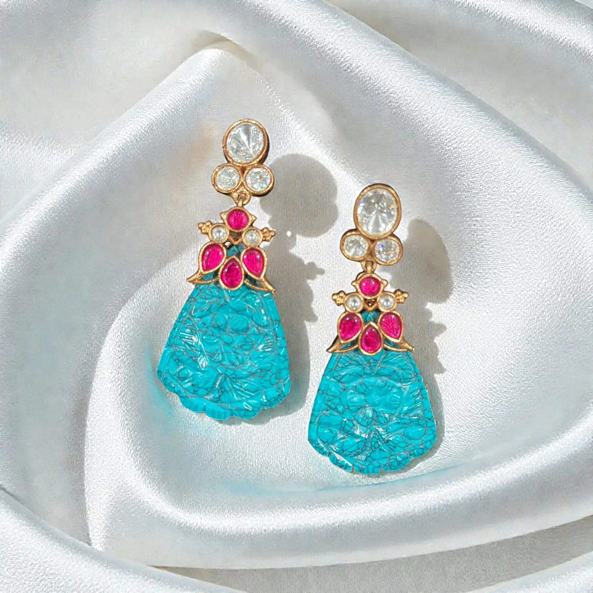Gold Drop Earrings – Turquoise Teardrop & Pink Floral Accent - BeautySutra by Shikha