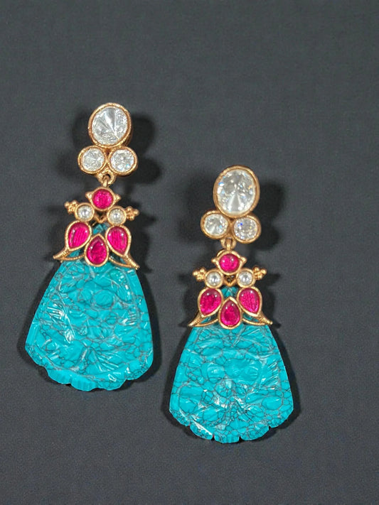 Gold Drop Earrings – Turquoise Teardrop & Pink Floral Accent