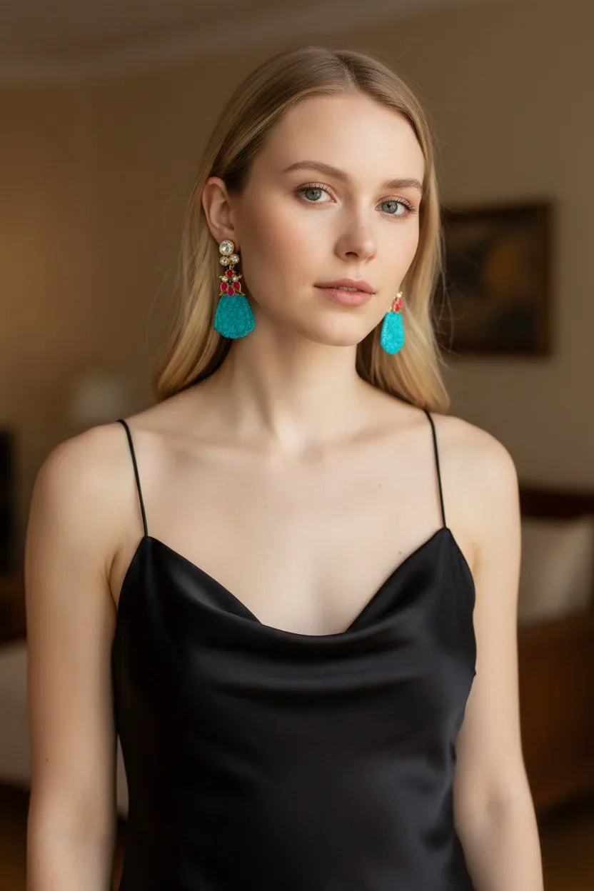 Gold Drop Earrings – Turquoise Teardrop & Pink Floral Accent - BeautySutra by Shikha