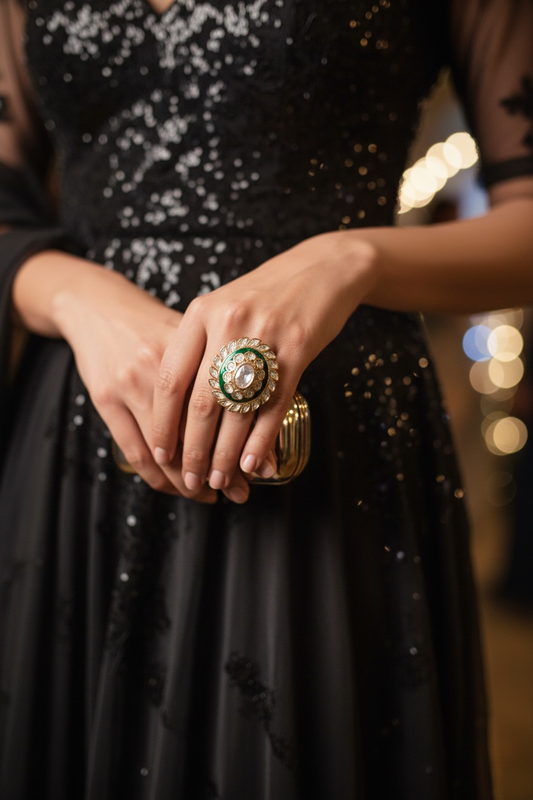 Vintage Gold Cocktail Ring – Opal Halo & Laurel Crown Design