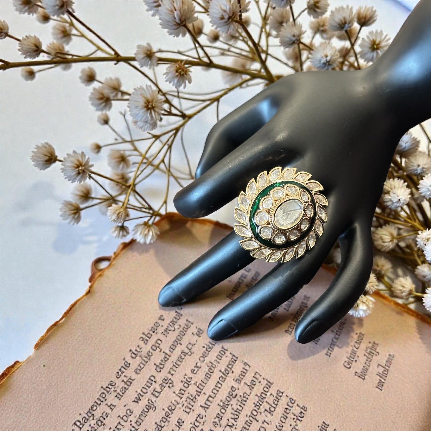 Vintage Gold Cocktail Ring – Opal Halo & Laurel Crown Design