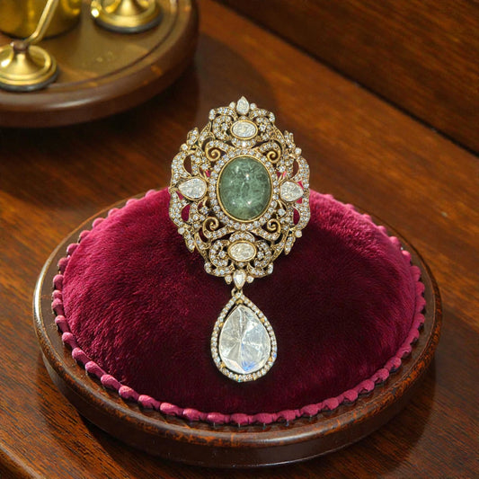 Gold Brooch Pendant – Emerald Cabochon & Diamond Drop