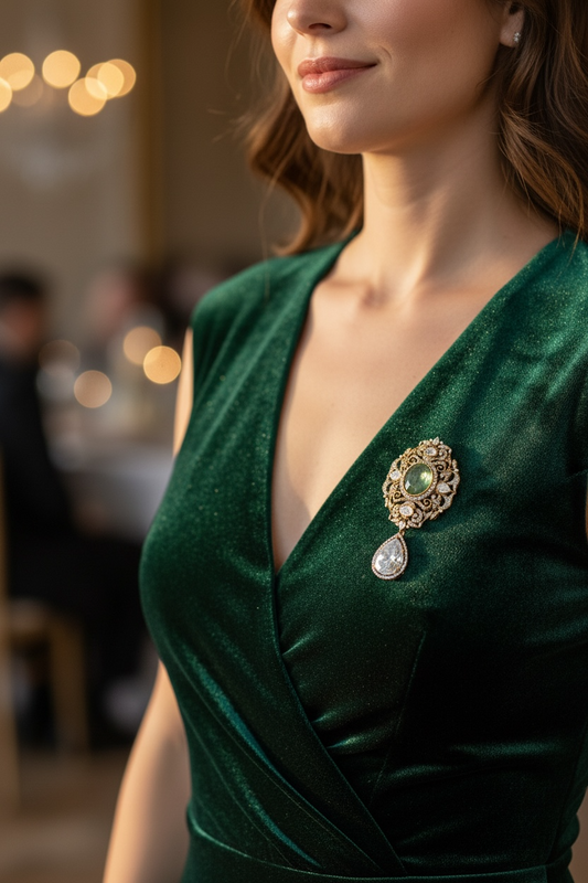 Gold Brooch Pendant – Emerald Cabochon & Diamond Drop