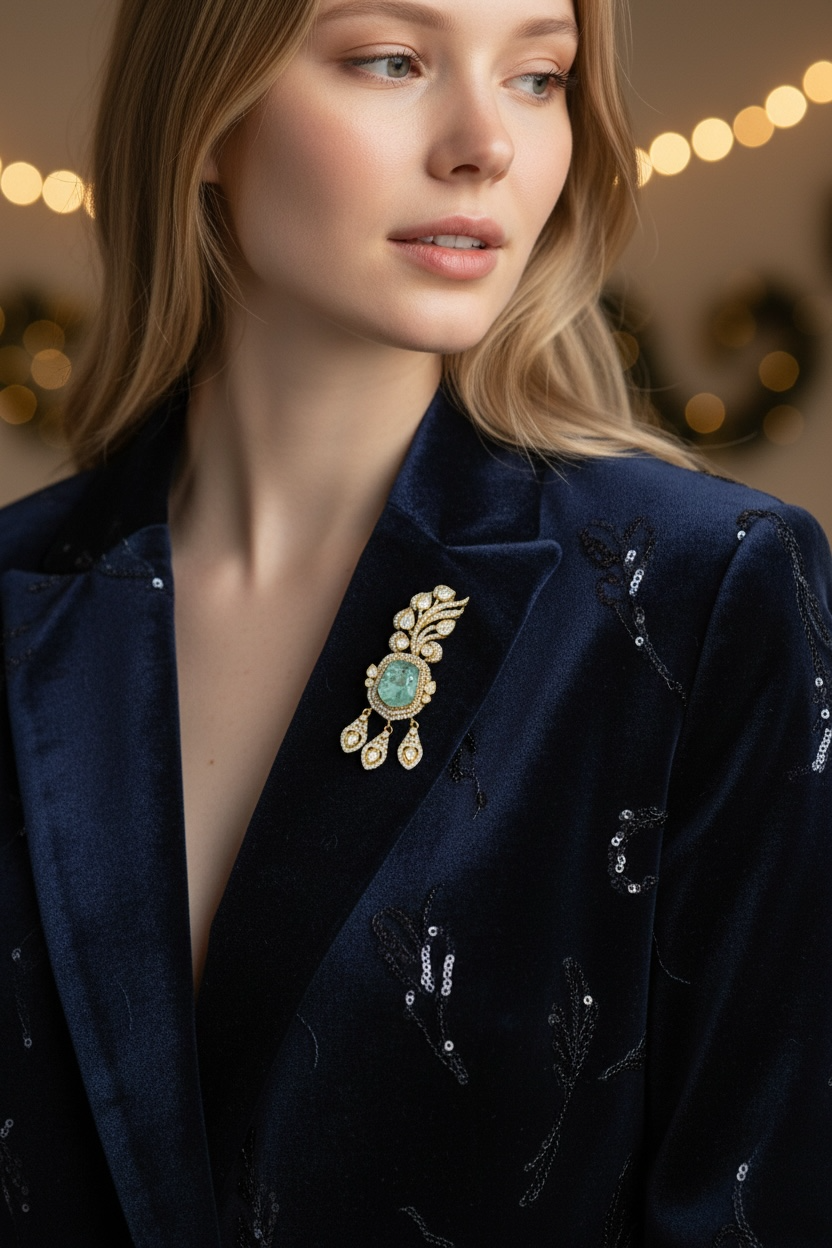 Vintage Gold Pendant Brooch – Aquamarine Halo & Diamond Dangles