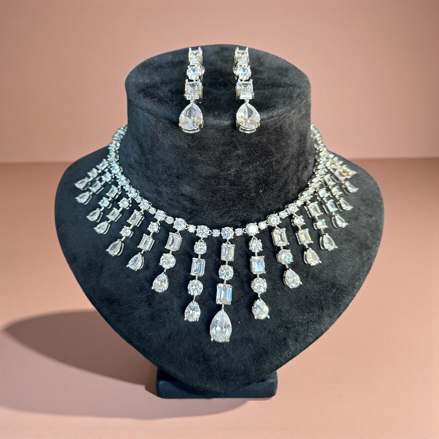 CZ Diamond Teardrop Necklace & Earrings Holiday Jewelry Set