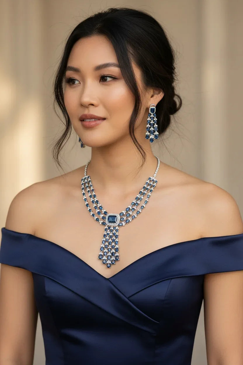 Royal Blue Sapphire CZ Necklace Set – Holiday Statement Jewelry - BeautySutra by Shikha