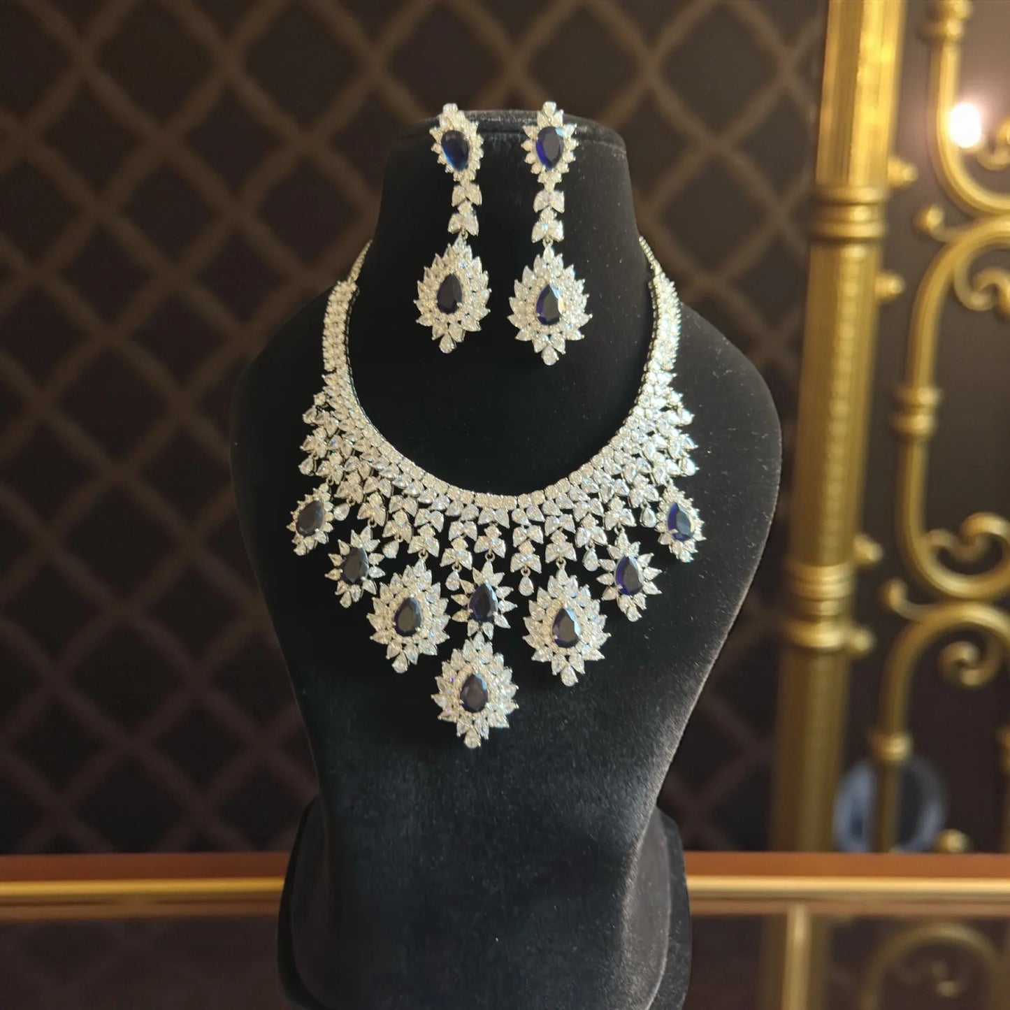 Blue Sapphire Diamond Necklace Earrings Set Statement Jewelry - BeautySutra by Shikha