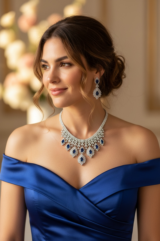 Blue Sapphire Diamond Necklace Earrings Set Statement Jewelry