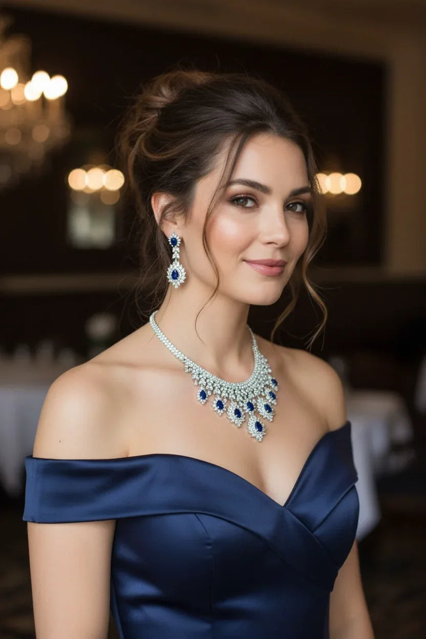 Blue Sapphire Diamond Necklace Earrings Set Statement Jewelry - BeautySutra by Shikha