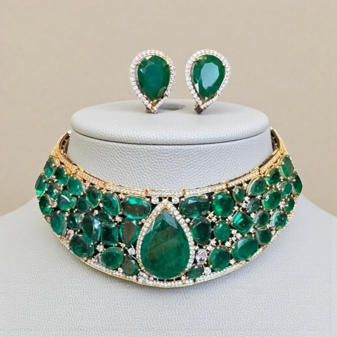 Emerald Green CZ Choker Necklace Set – Gold Tone Holiday Jewelry - BeautySutra by Shikha