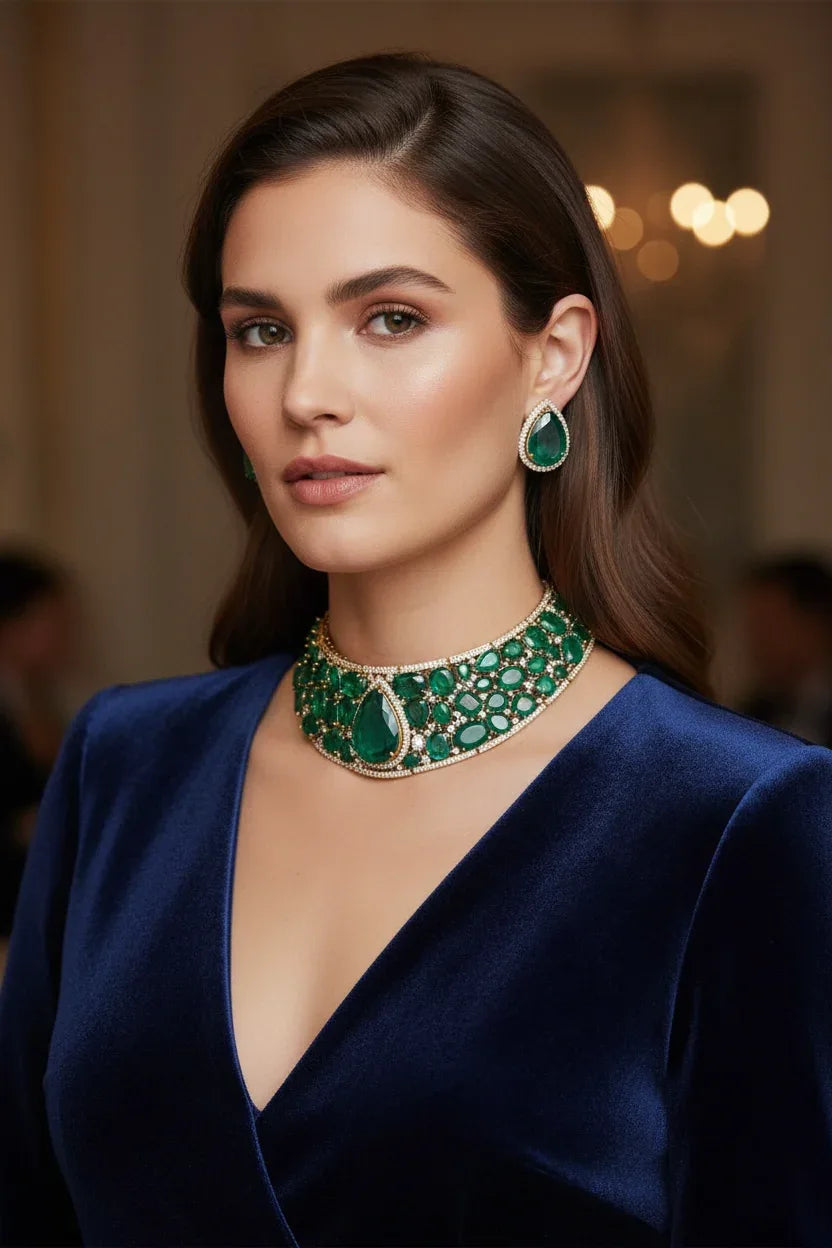 Emerald Green CZ Choker Necklace Set – Gold Tone Holiday Jewelry - BeautySutra by Shikha