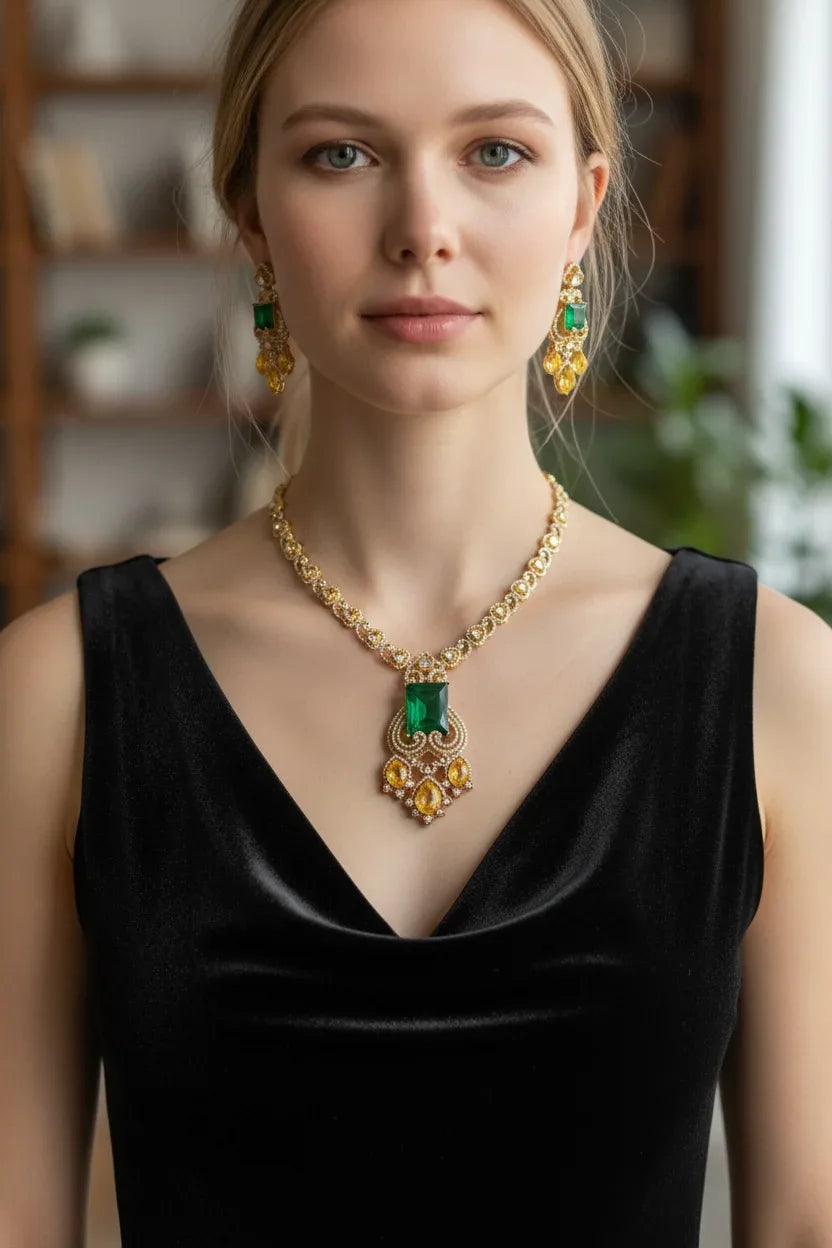 Emerald Green CZ Statement Necklace Set – Gold Festive Jewelry - BeautySutra by Shikha