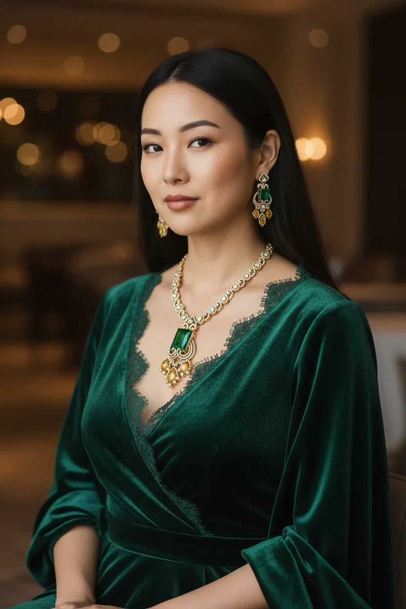Emerald Green CZ Statement Necklace Set – Gold Festive Jewelry