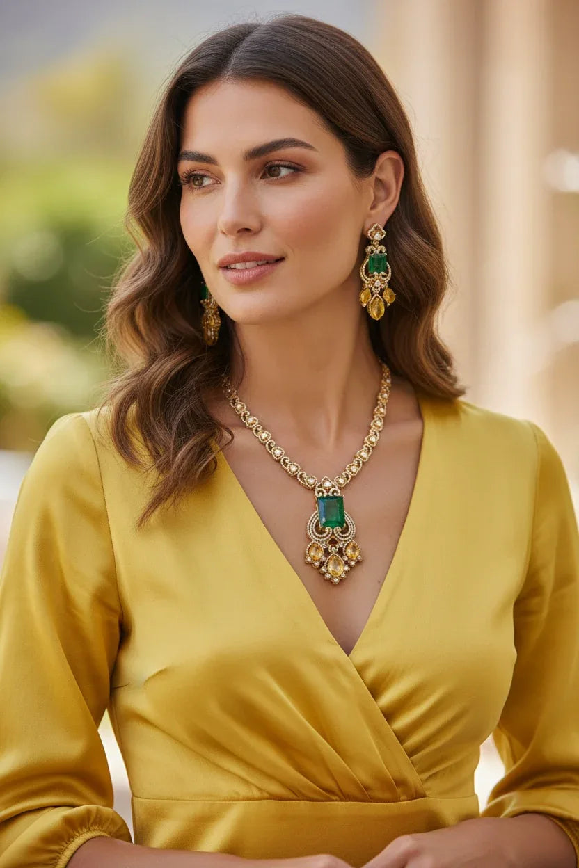 Emerald Green CZ Statement Necklace Set – Gold Festive Jewelry - BeautySutra by Shikha