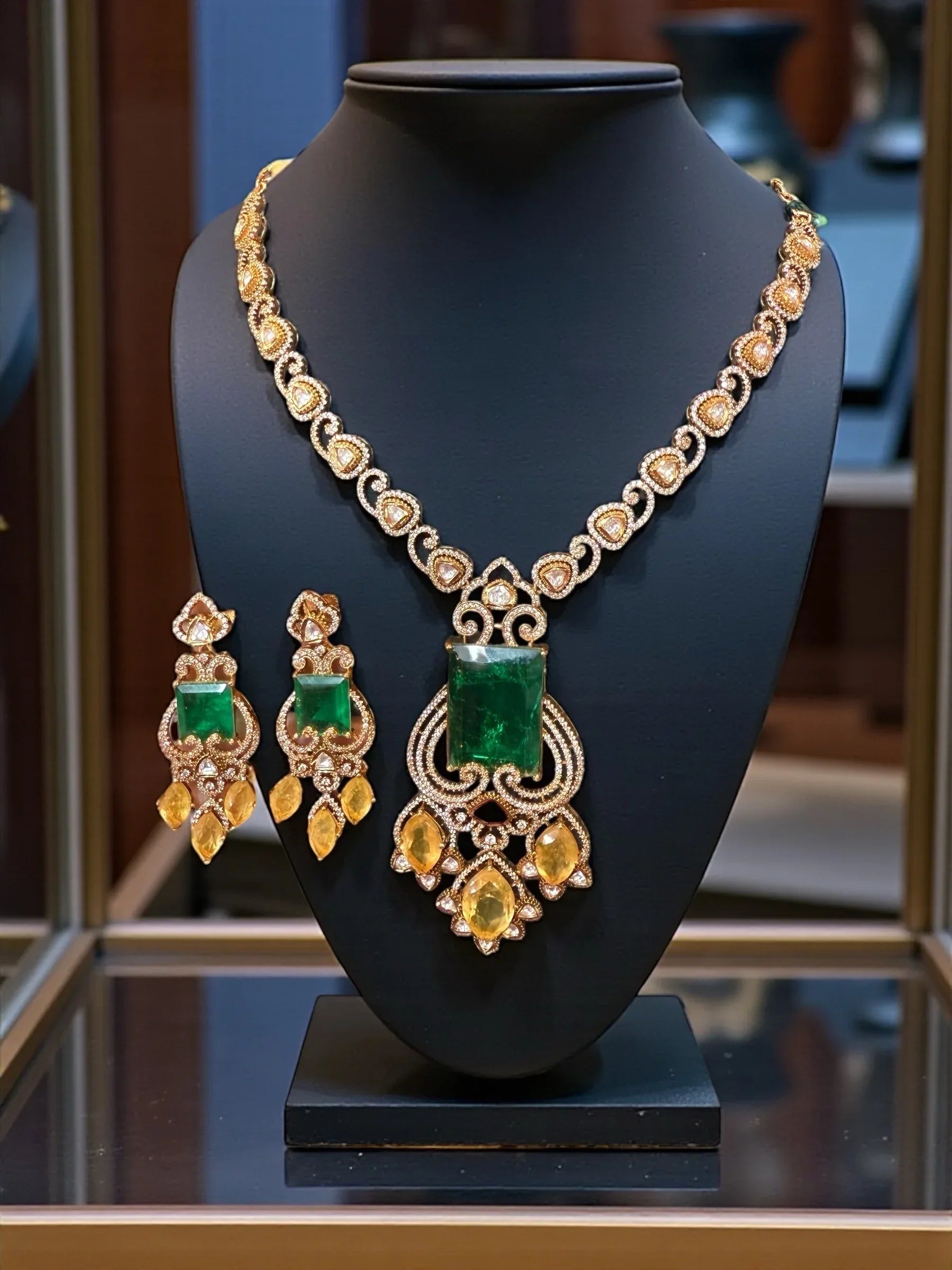 Emerald Green CZ Statement Necklace Set – Gold Festive Jewelry - BeautySutra by Shikha