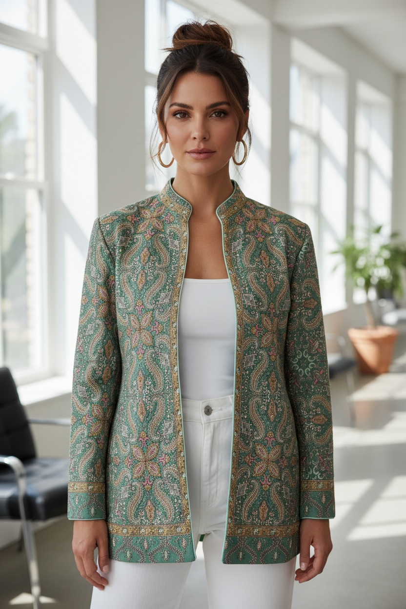 Sage Green Paisley Woolen Indo-Western Jacket for Women | Elegant Lightweight Winter Jacket – BeautySutra by Shikha