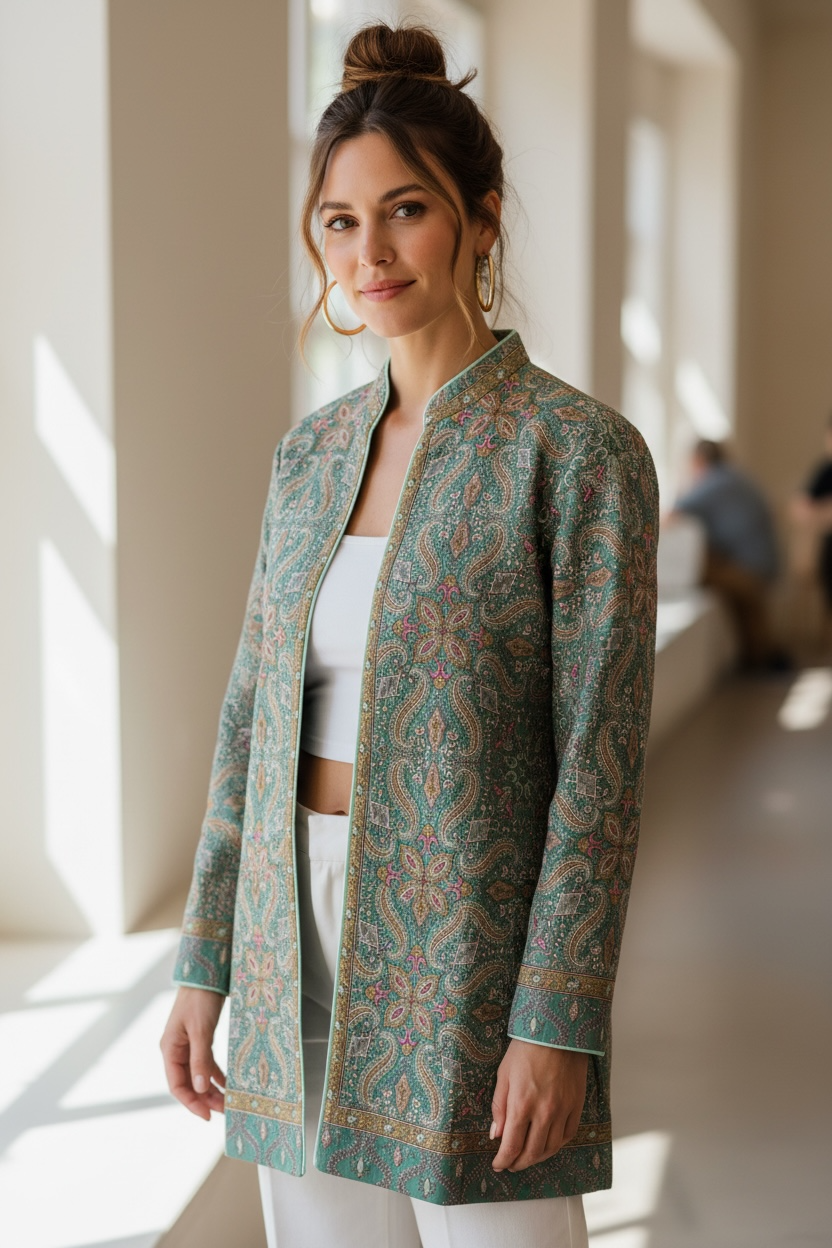 Sage Green Paisley Woolen Indo-Western Jacket for Women | Elegant Lightweight Winter Jacket – BeautySutra by Shikha