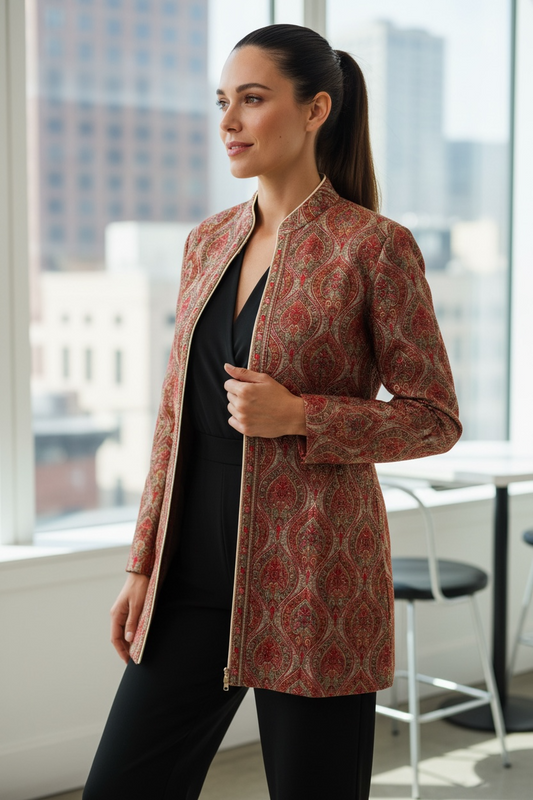 Red Paisley Print Woolen Indo-Western Jacket for Women | Elegant Winter Workwear Jacket – BeautySutra by Shikha