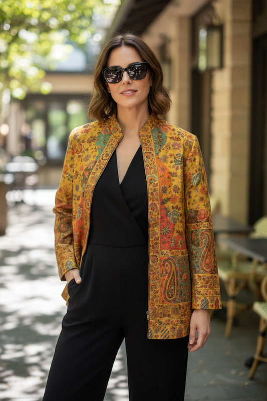 Mustard Paisley Print Woolen Indo-Western Jacket for Women | Lightweight Winter Ethnic Jacket – BeautySutra by Shikha