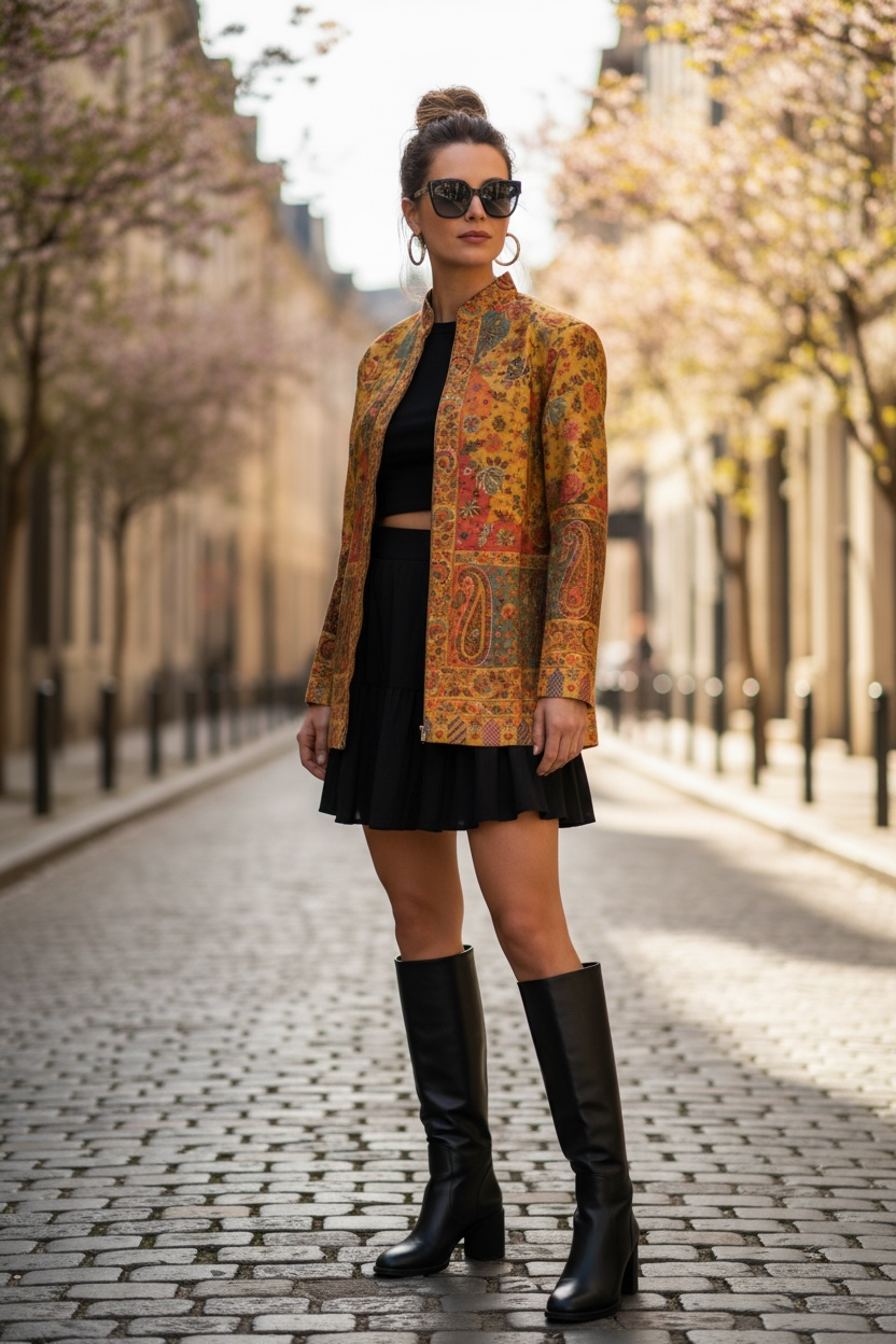 Mustard Paisley Print Woolen Indo-Western Jacket for Women | Lightweight Winter Ethnic Jacket – BeautySutra by Shikha